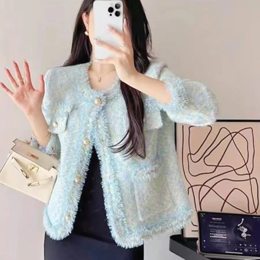 水蓝 秋冬厚款圆领仿水貂绒小香风外套女