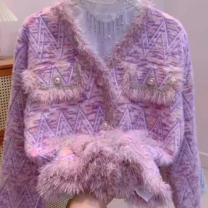 折线纹紫粉 邱东海新款针织小香风外套女 气质通勤风V领仿貂绒