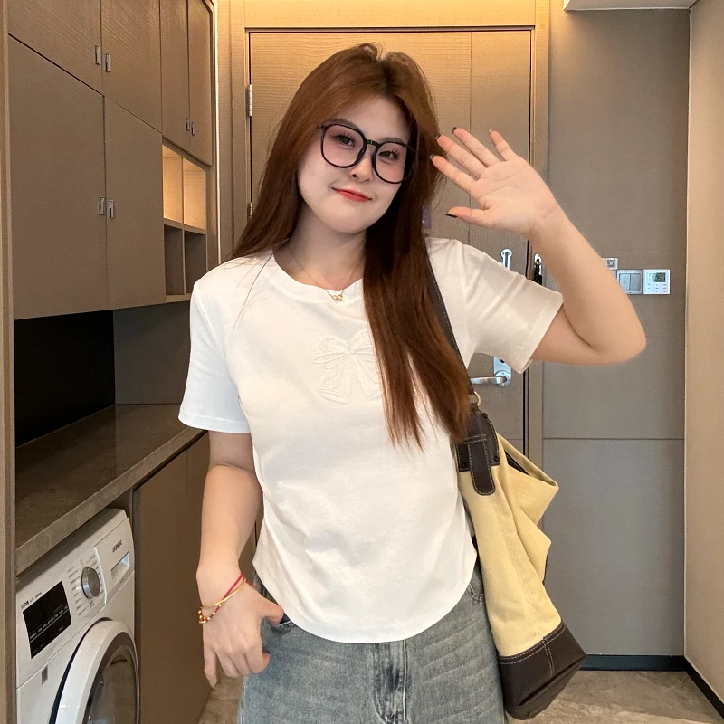 盈盈&南岛风微胖大码印花蝴蝶结夏季显瘦短袖温柔百搭T恤女ZYY677