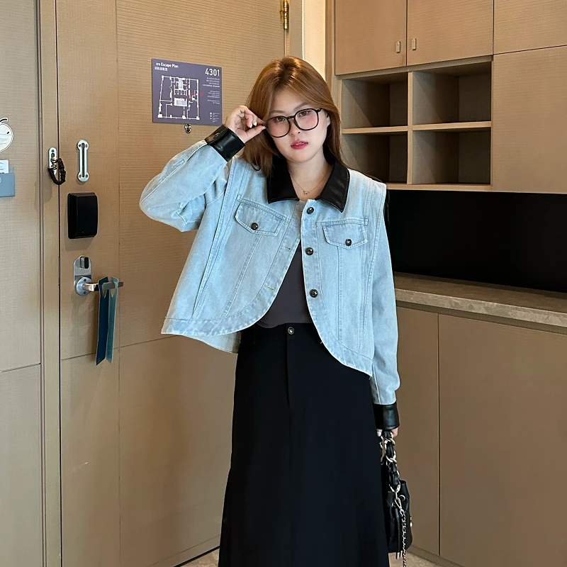 小羊&南岛风大码女装春秋胖mm时尚减龄宽松拼皮牛仔短外套ZYY895