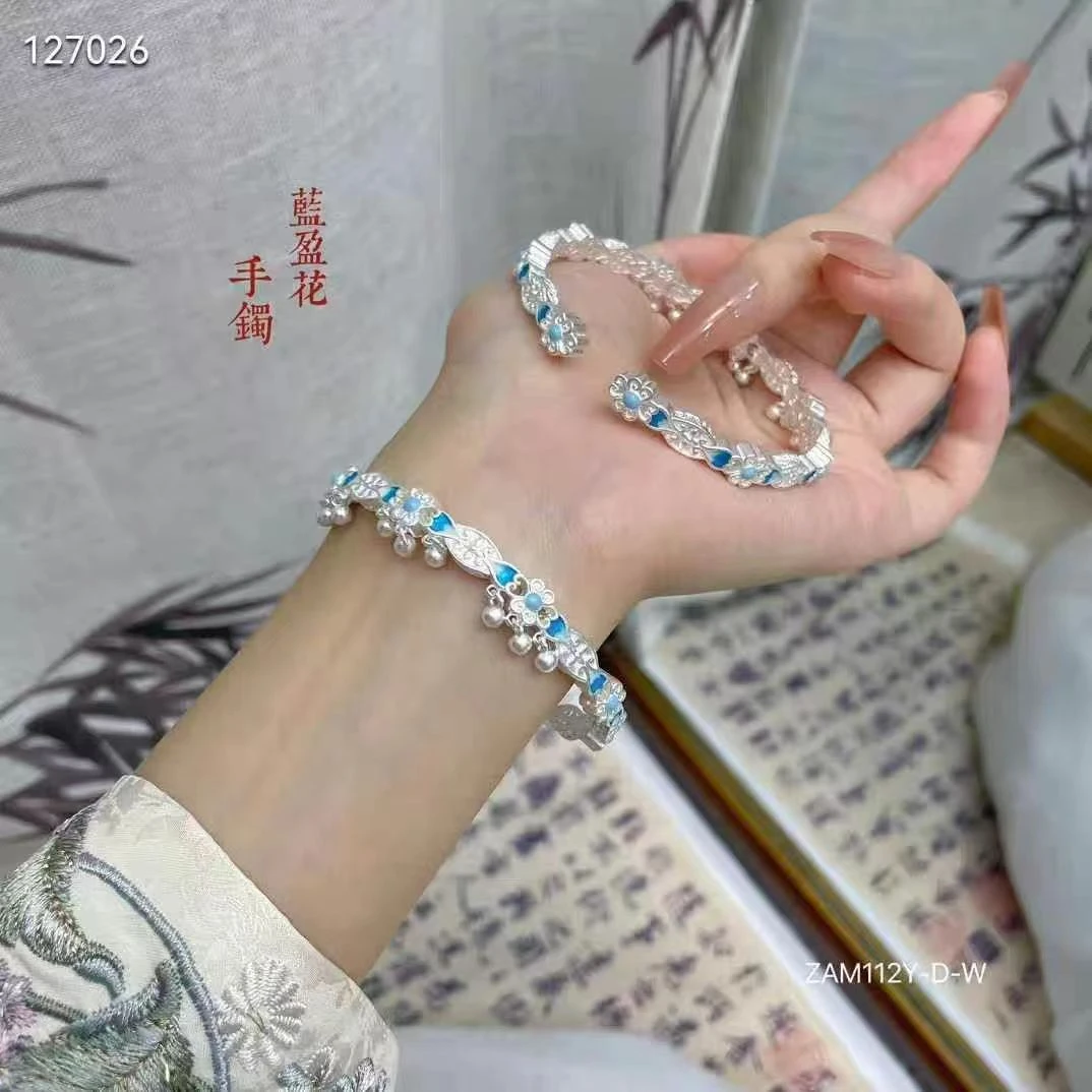 足银手镯 足银999.9蓝花盈铃铛手镯实心国风吊坠儿童手工蓝色时尚