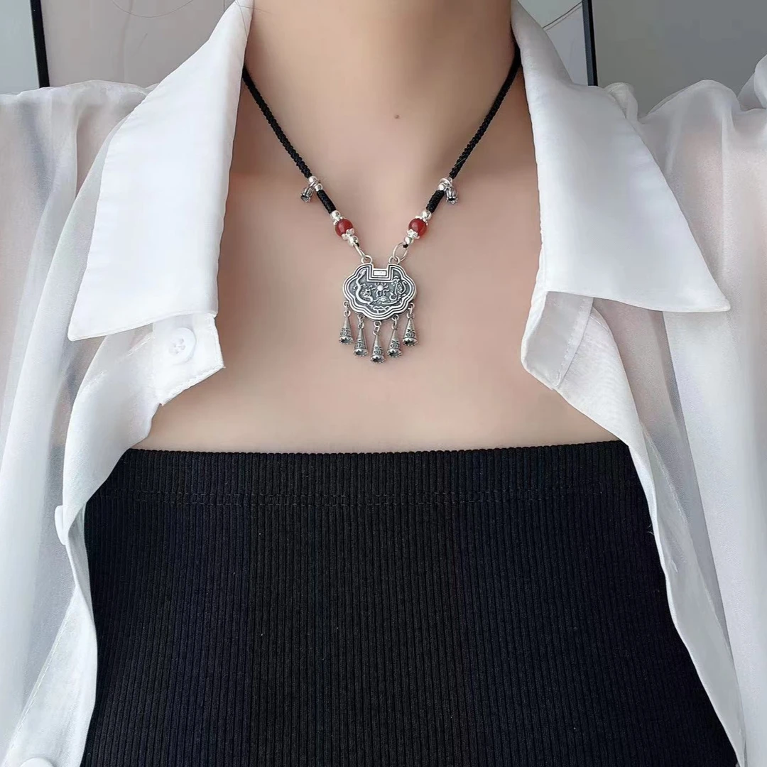 吊坠足银 足银龙凤平安锁五福临门锁包手工时尚编织古风编绳素款