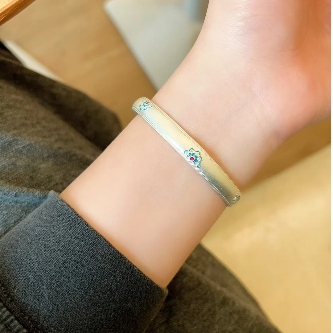 足银手镯 足银9999五朵宝相花如意开口手镯描金手镯手工气质时尚