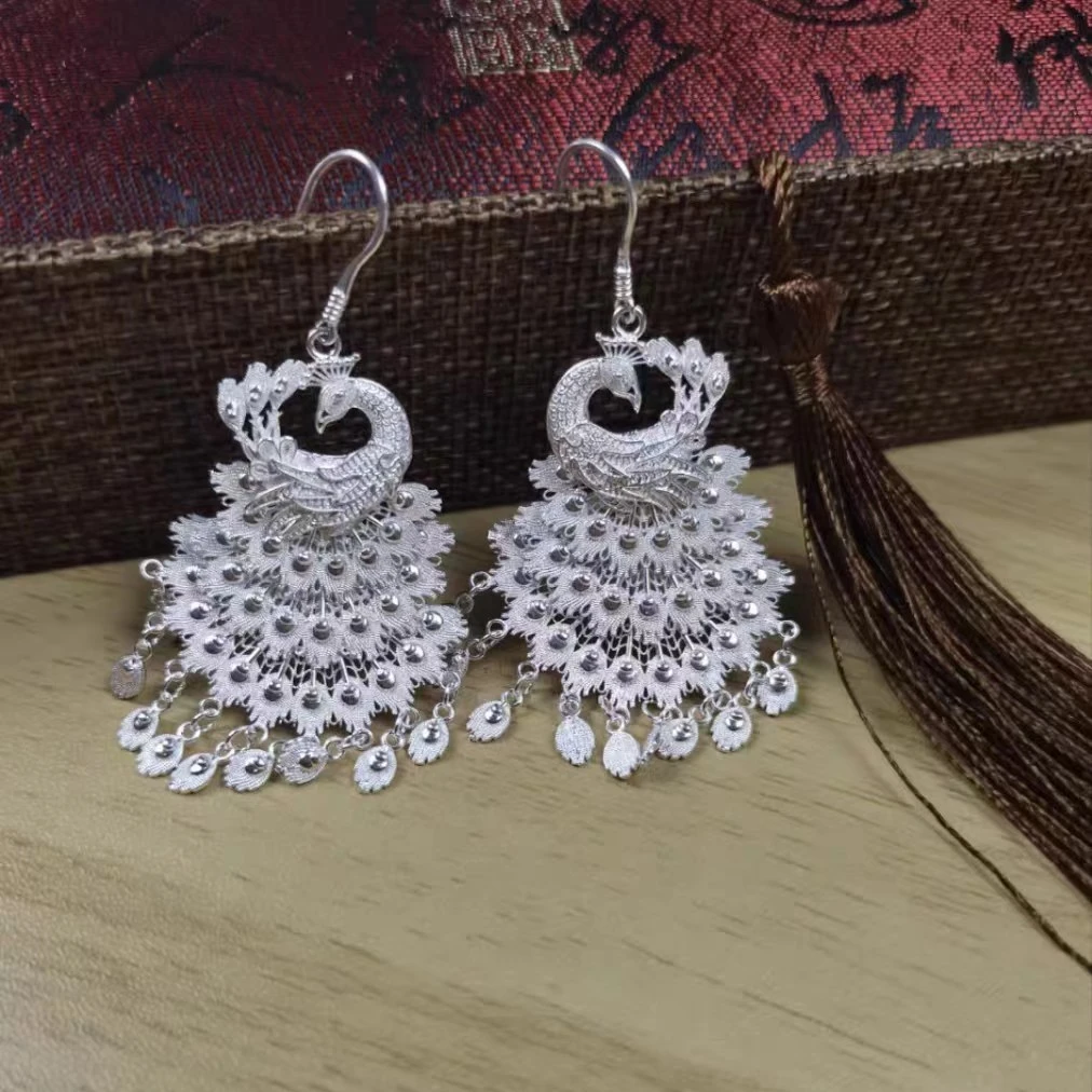 足银耳饰 足银凤凰凤回头民族风耳环 纯银耳环实心纯手工编织古风