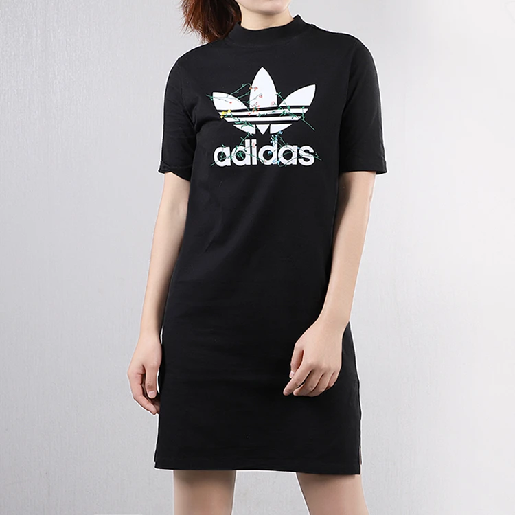 阿迪达斯三叶草女款纯棉圆领黑色大LOGO休闲连衣裙FL0037女装运动