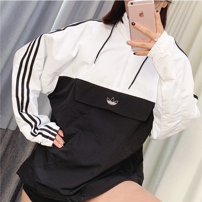 Adidas三叶草男女拼接撞色防风半拉链套头运动夹克外套ED5662风衣
