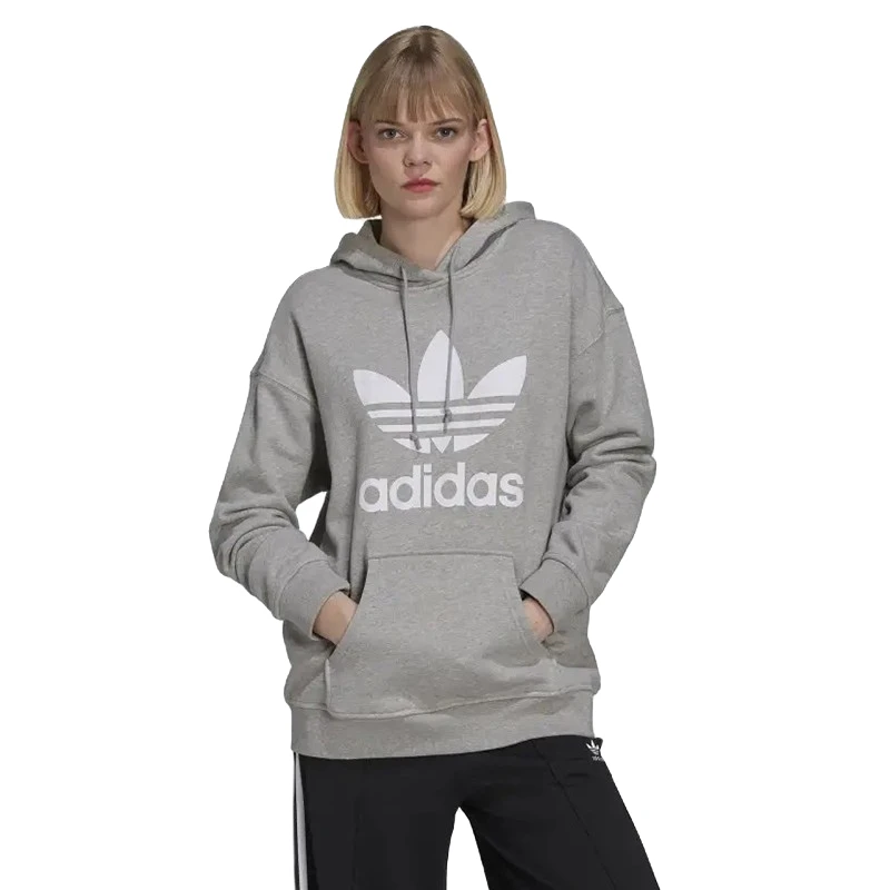 阿迪达斯女子卫衣三叶草Adidas灰色舒适休闲运动连帽套头衫H33589