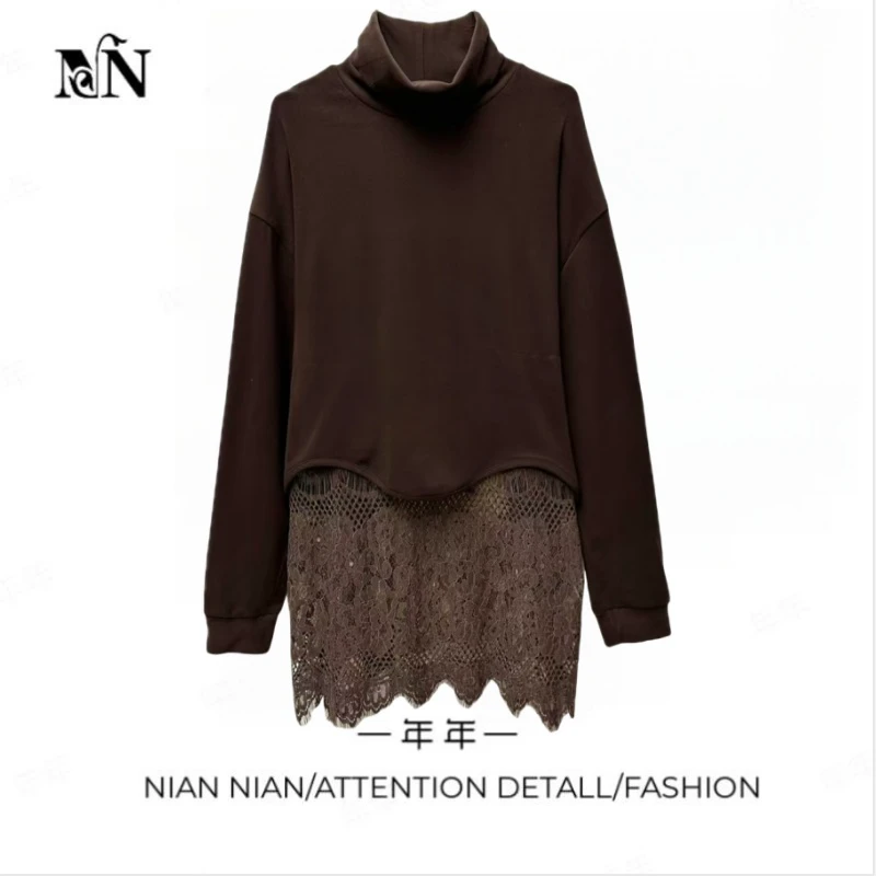 〖温柔讯号〗年年2024冬季新款款蕾丝拼接连衣裙气质打底中长裙