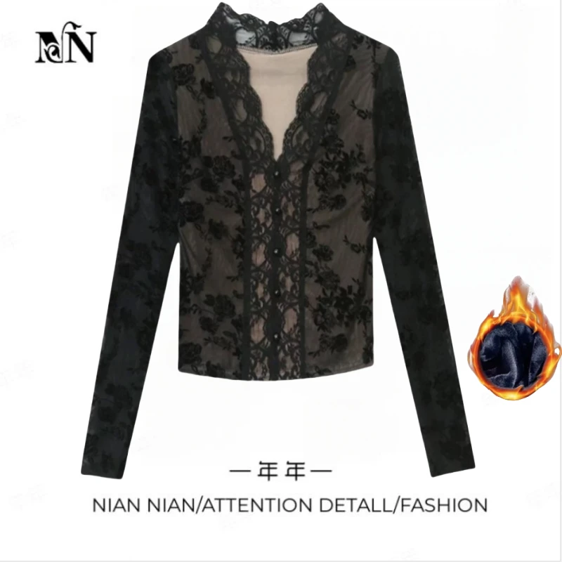 〖鎏金晚会〗年年2024冬季新款性感V领蕾丝衫纯欲修身显瘦长袖上衣