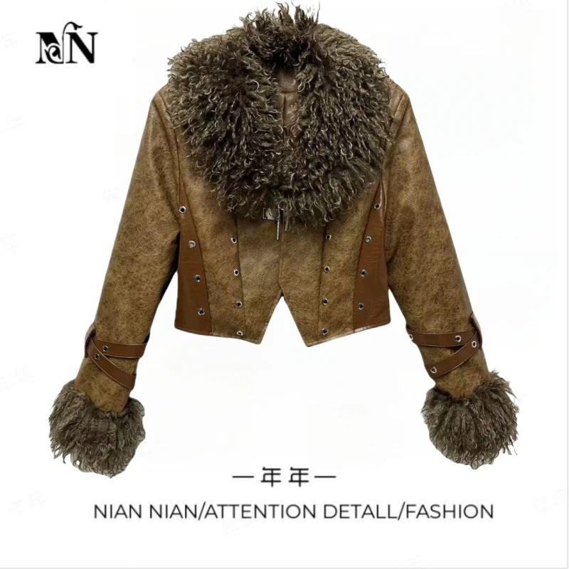 〖加州街区〗年年2024冬季新款辣妹毛领纹理皮内夹棉皮衣外套夹克