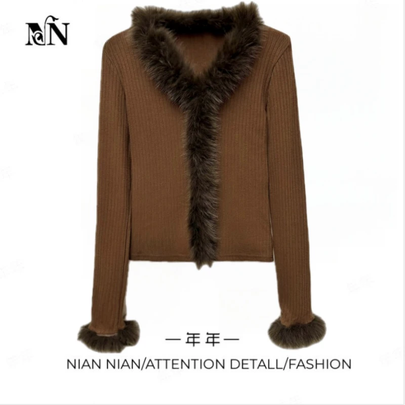 〖栀子花信〗年年2024冬季新款气质高级感拼接毛毛针织衫女上衣