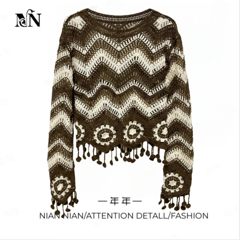 〖深秋物语〗年年2025年春季新款设计感撞色钩花镂空针织衫宽松显瘦