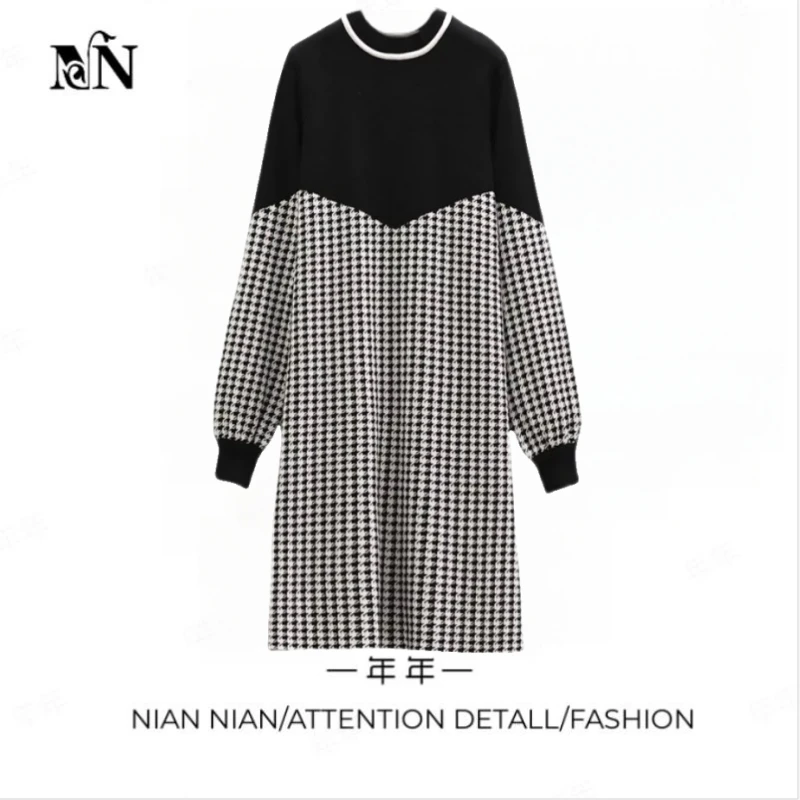 〖海边情书〗年年2024冬季新款高级感连衣裙显瘦打底格子针织长袖