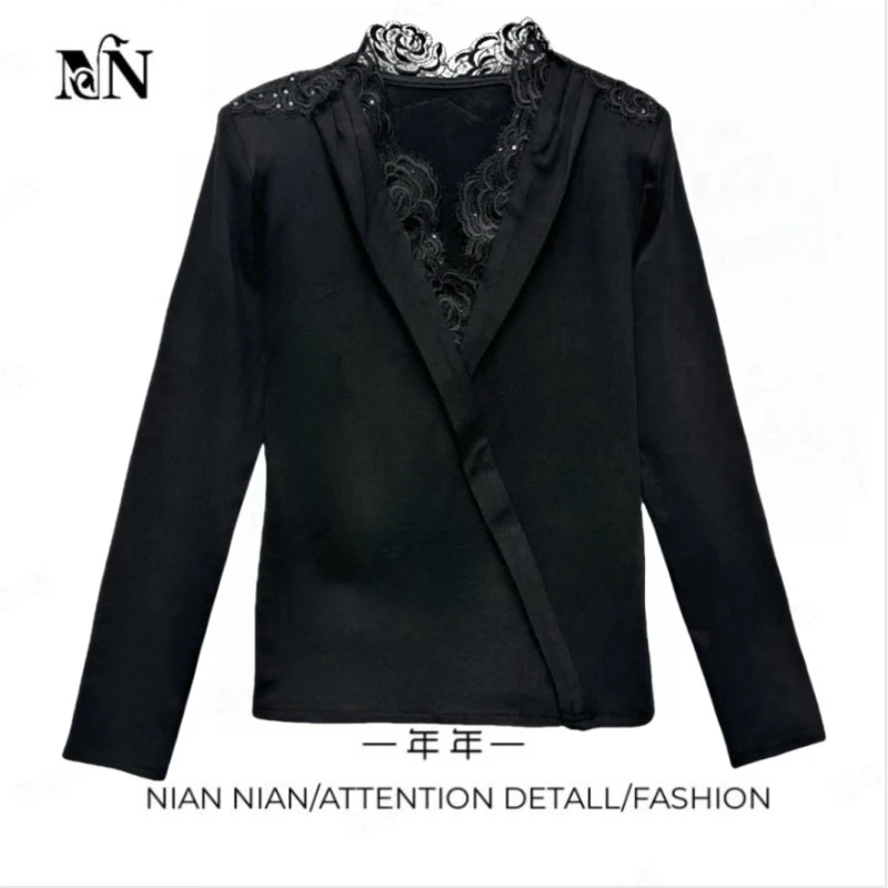 〖曼妙身姿〗年年2024高级感蕾丝花边加绒打底衫气质显瘦百搭女修身