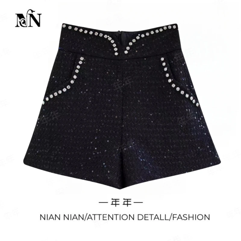 〖黑夜闪光〗年年2024年冬季新款小香风重工钉珠阔腿裤气质高腰短裤