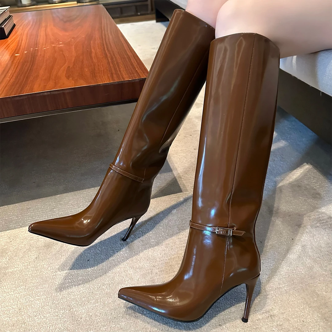 善喜说真皮羊皮不过膝细高跟长靴女尖头漆面直筒靴子气质性感女神