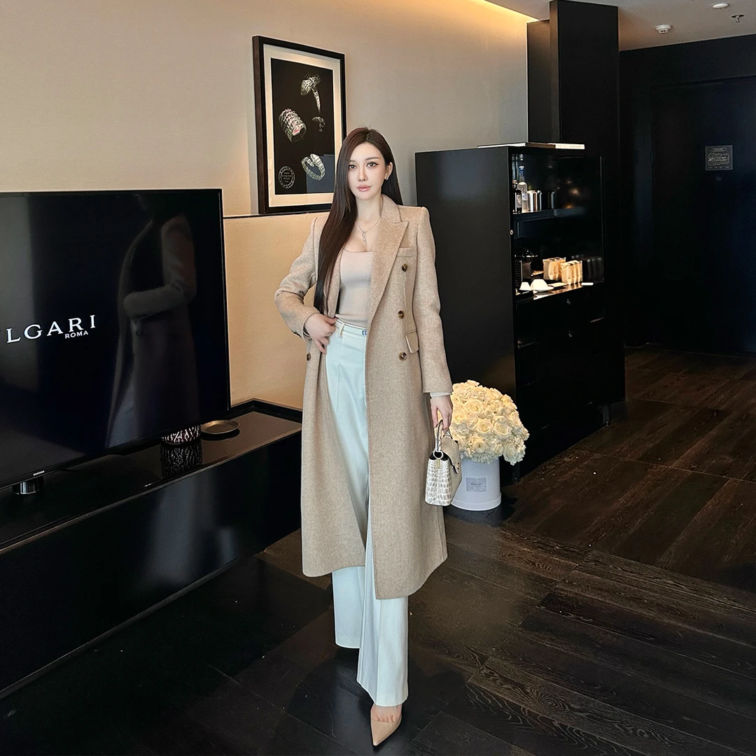 SX善喜韩系澳毛羊毛双面呢西装大衣女双排扣宽松气质温柔长款外套