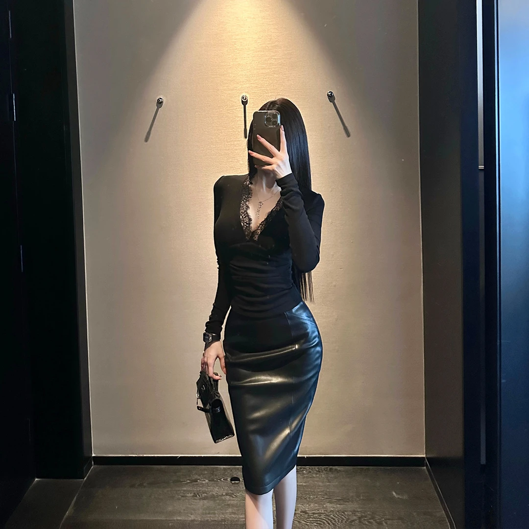 SX善喜3色入气质显瘦PU皮半身裙修身高腰后开叉皮裙百搭包臀半裙