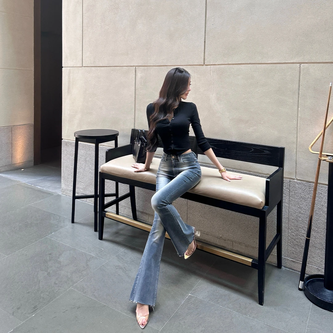 SX善喜高腰修身显瘦微喇叭牛仔裤女紧身气质显腿长百搭休闲长裤子