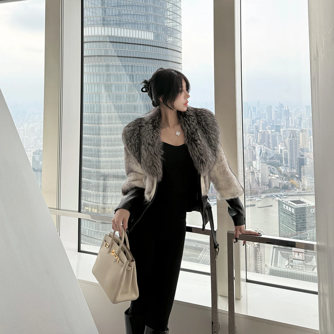 SX善喜进口水貂拼绵羊皮拼银蓝狐毛领皮大衣高级气质复古皮草外套