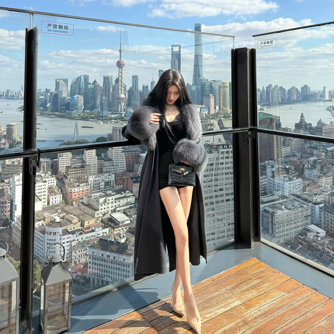 SX善喜100%羊毛双面呢拼可脱卸狐狸毛呢大衣女中长款高级气质外套