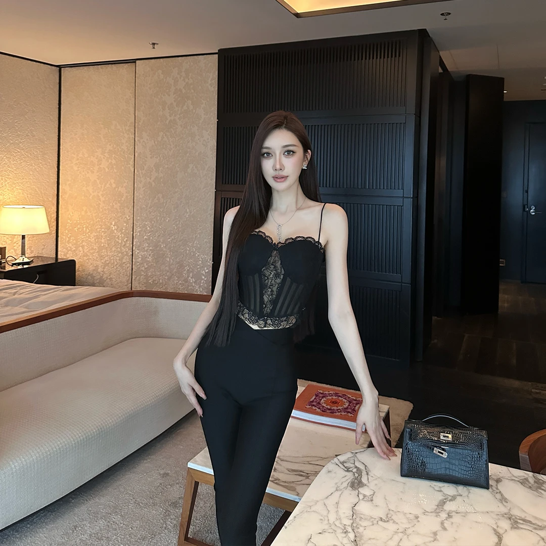 SX善喜黑色微透性感纯欲蕾丝吊带抹胸内衣女鱼骨塑身内搭外穿上衣