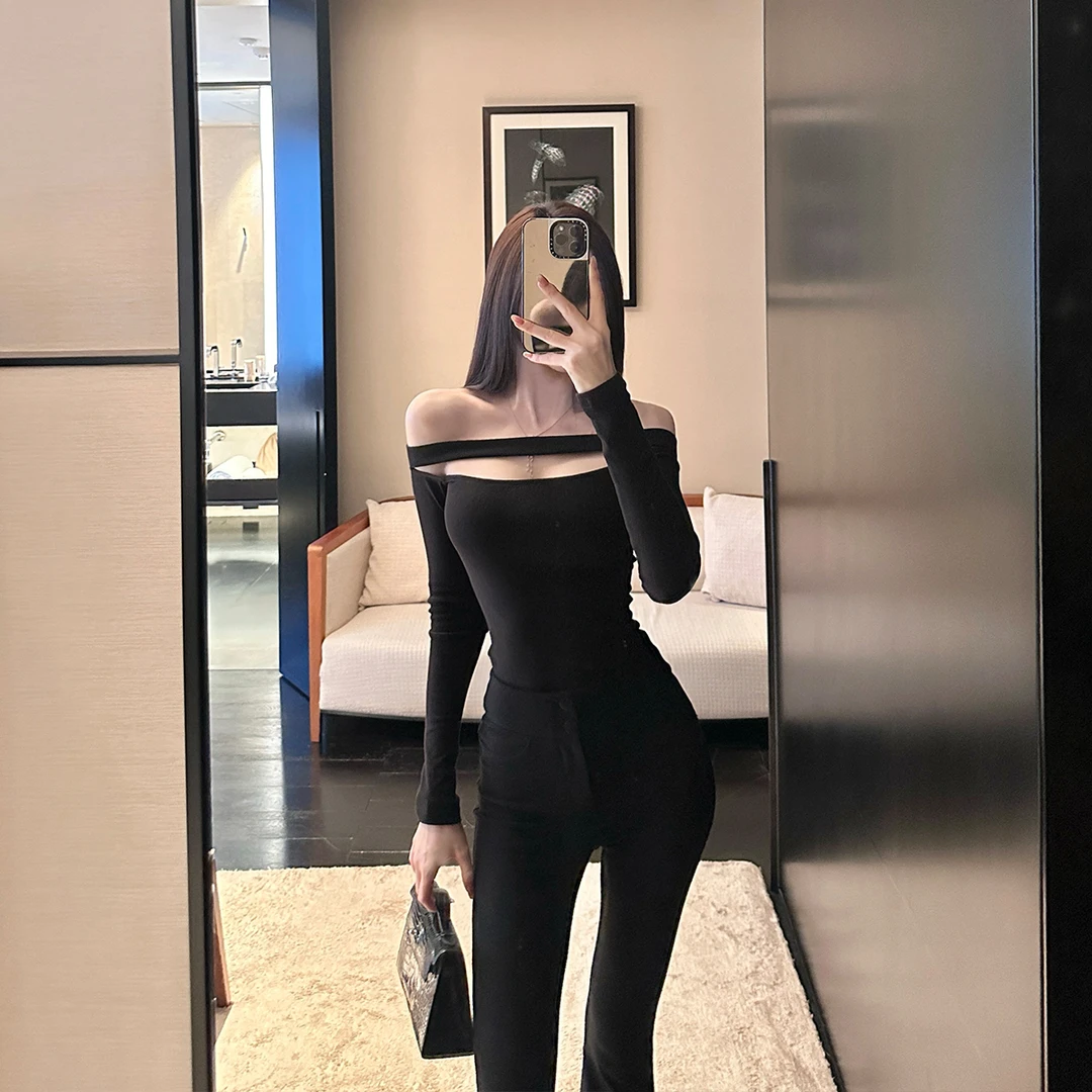 SX善喜双面磨毛一字领露肩性感针织T长袖修身显瘦气质打底上衣女