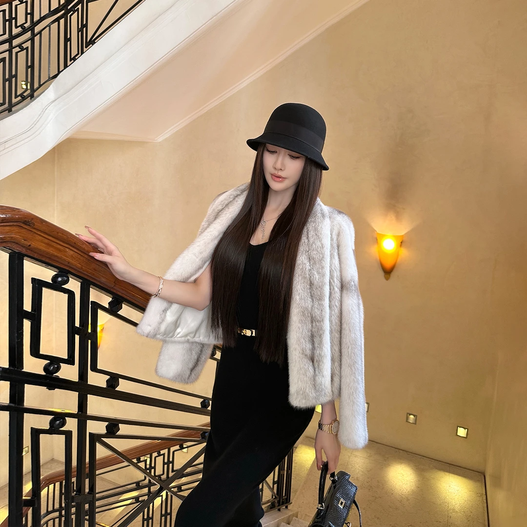 SX善喜银兰十字水貂貂皮大衣2024冬季新款年轻款时髦皮草外套