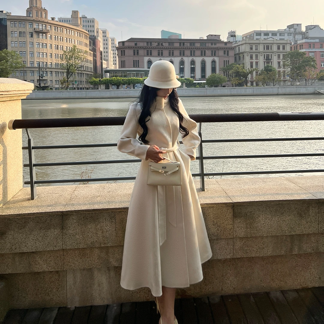 SX善喜优雅法式羊毛羊绒双面呢拼水貂领大衣女高冷气质中长款外套