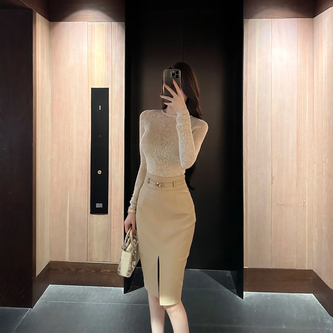 SX善喜高腰金扣修身包臀半裙女前开叉性感气质半身裙女神皮裙