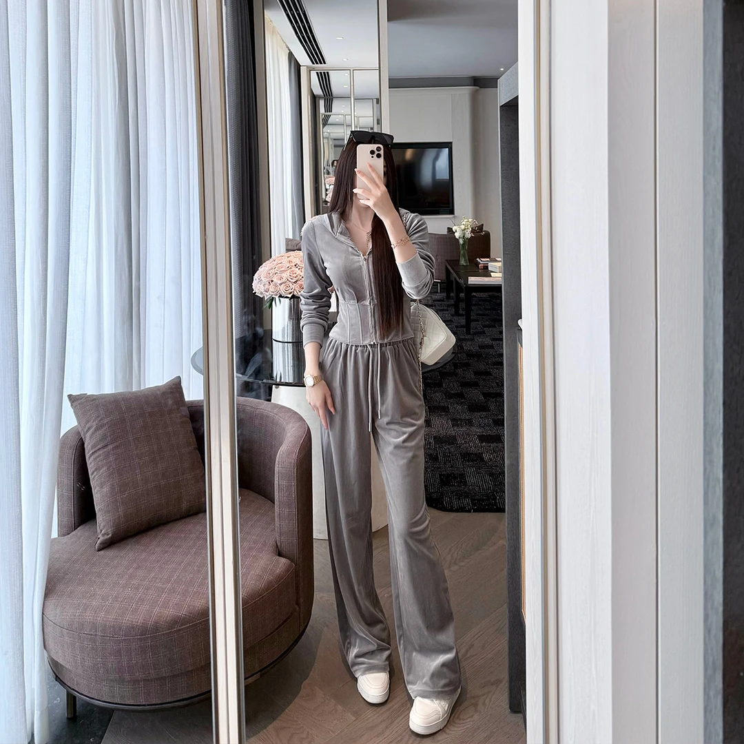 SX善喜韩国绒带帽鱼骨长袖卫衣女高腰宽松直筒阔腿裤休闲运动套装