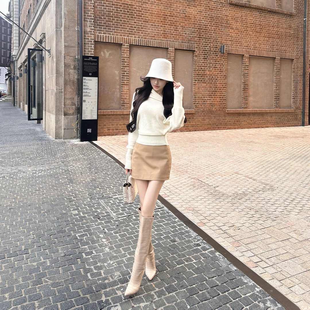 SX善喜奶咖色PU皮包臀短裙高腰修身防走光皮裙显瘦显腿长半身裙子