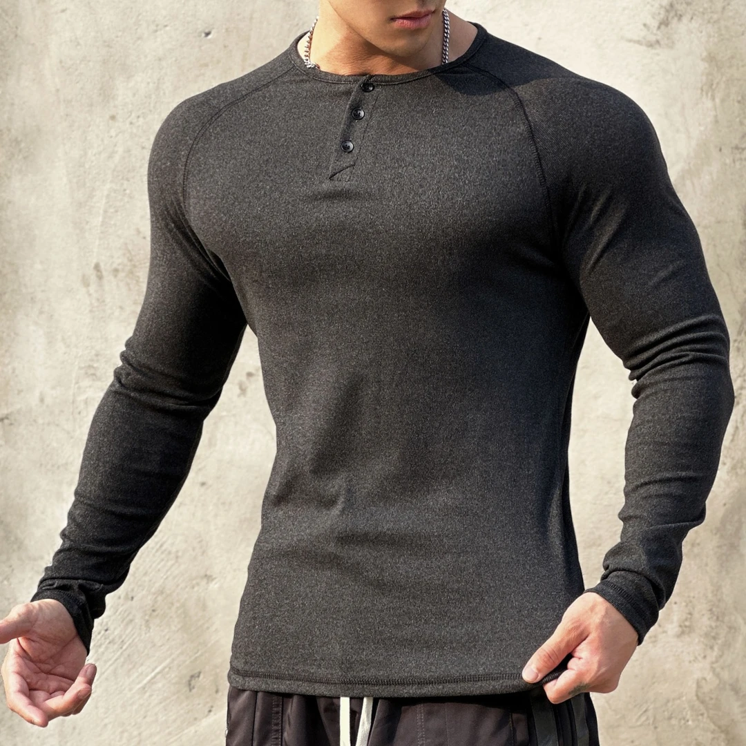 加绒运动绒面亨利衫长袖简约美式风弹力肌肉型男T恤训练健身上衣