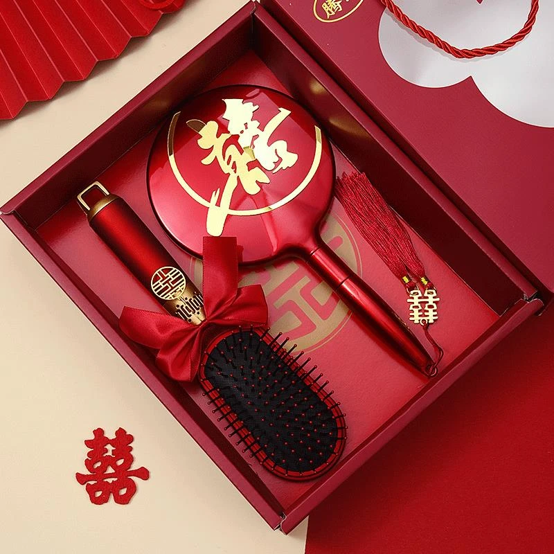 梳子结婚专用红色气垫梳女方陪嫁喜镜礼盒装一对高档婚庆用品大全