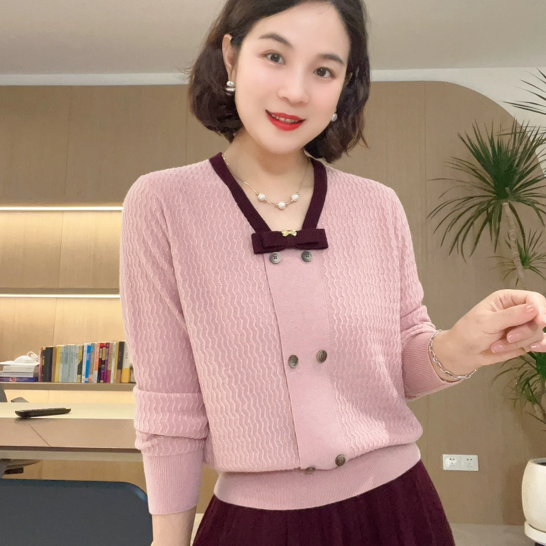 长袖V领双排扣款针织羊毛衫#DQ6027