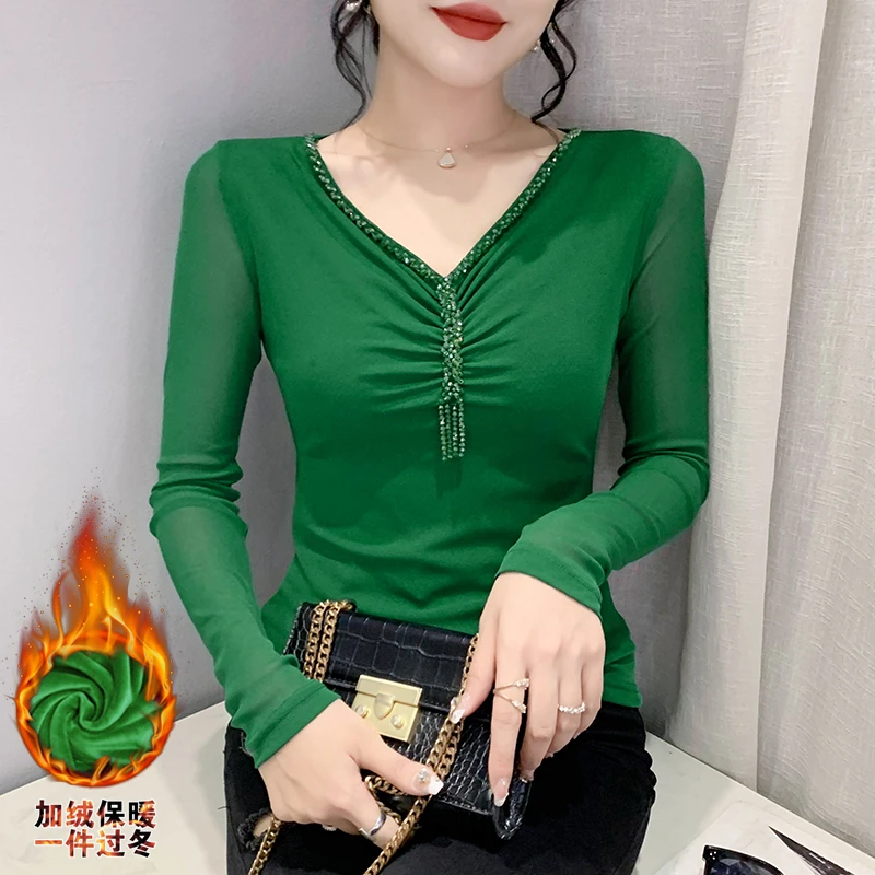 2025欧货新款秋冬装V领时尚显瘦豹纹网纱拼接手工钉珠长袖t恤女潮