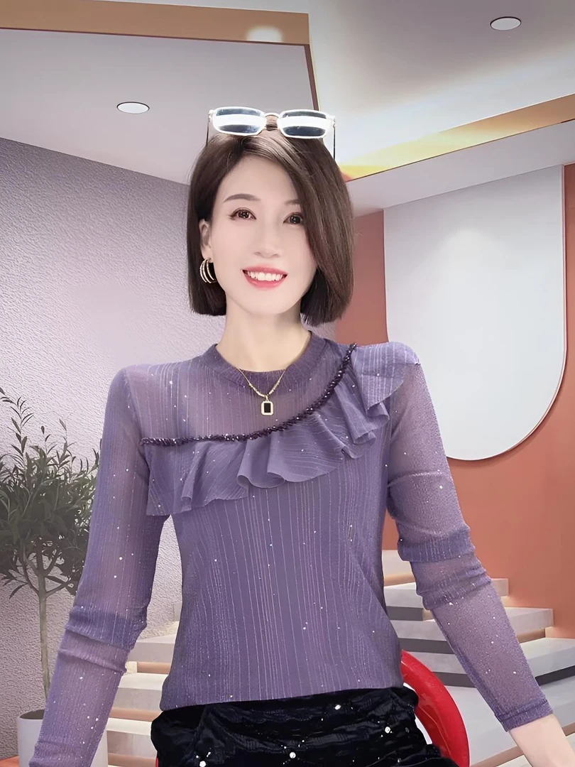 2025秋季新款重工镶钻露肩长袖打底衫女内搭打底网纱修身显瘦上衣