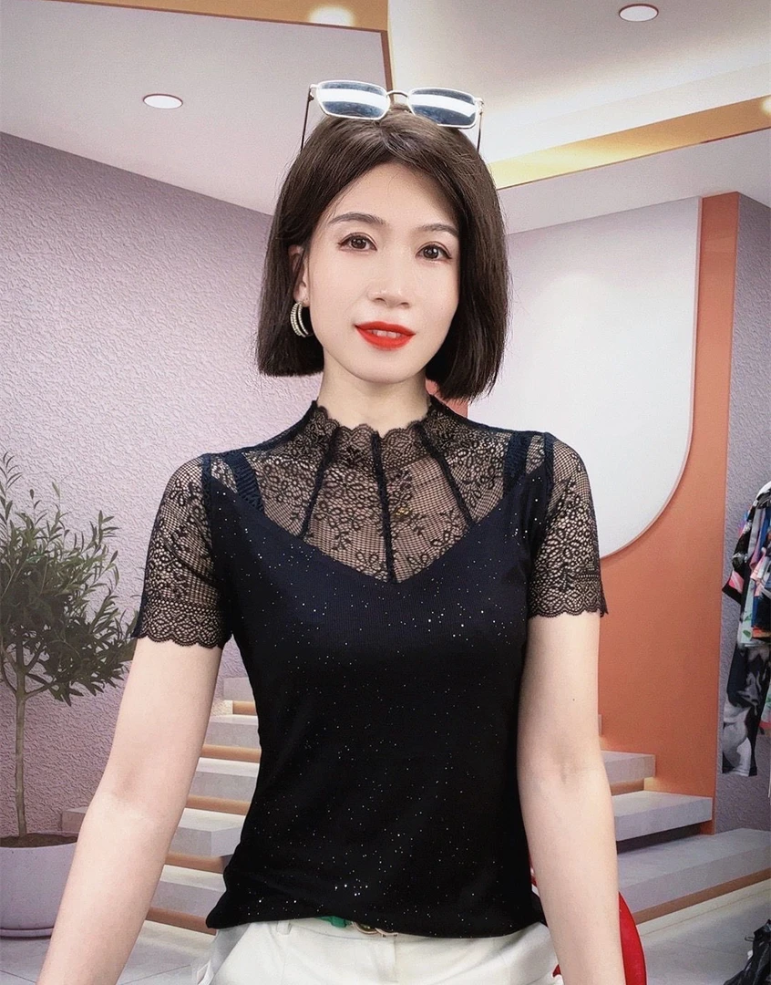 夏季新款短袖纯色T恤女蕾丝衫时尚显瘦套头洋气小衫2025黑色拼接