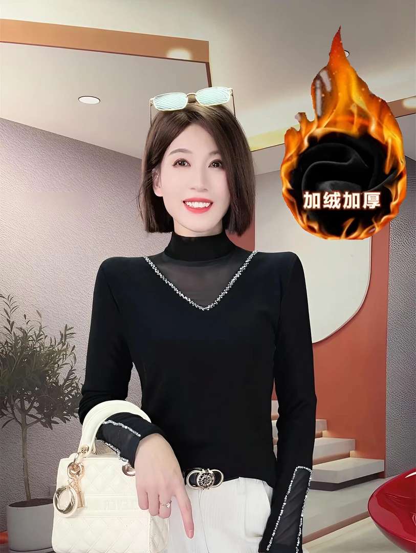 打底衫女内搭秋冬欧货时尚钉珠网纱上衣修身显瘦长袖T恤25-35岁