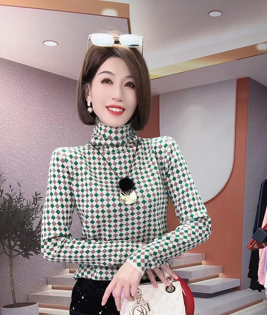 格子毛衣女高领显瘦百搭大码打底针织洋气上衣秋冬季洋气长袖毛衣