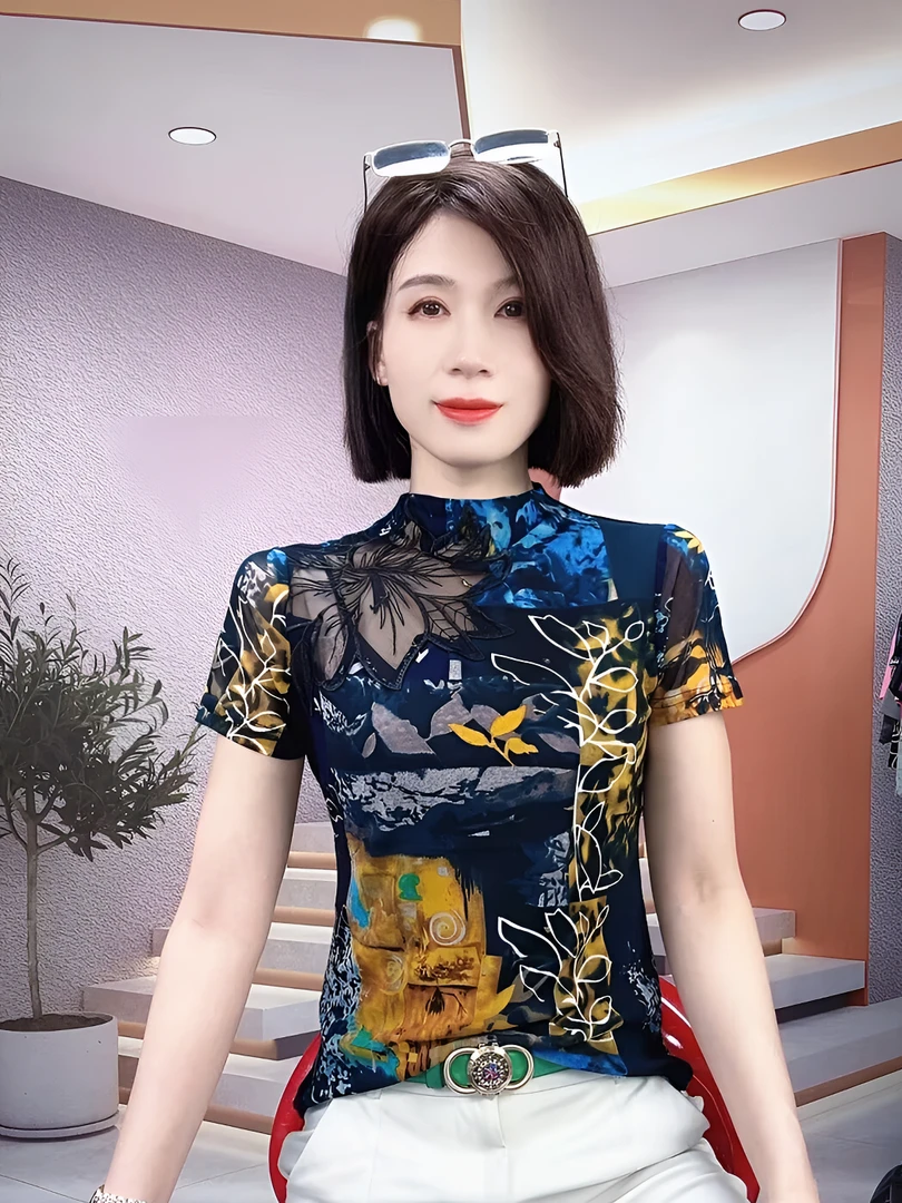 网红洋气炸街女装大码打底衫夏纱冰丝网印花短袖镂空洋气上衣拼接