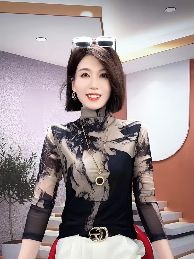 复古拼色印花长袖t恤女2024春秋新款时尚洋气紧身网纱高领上衣潮