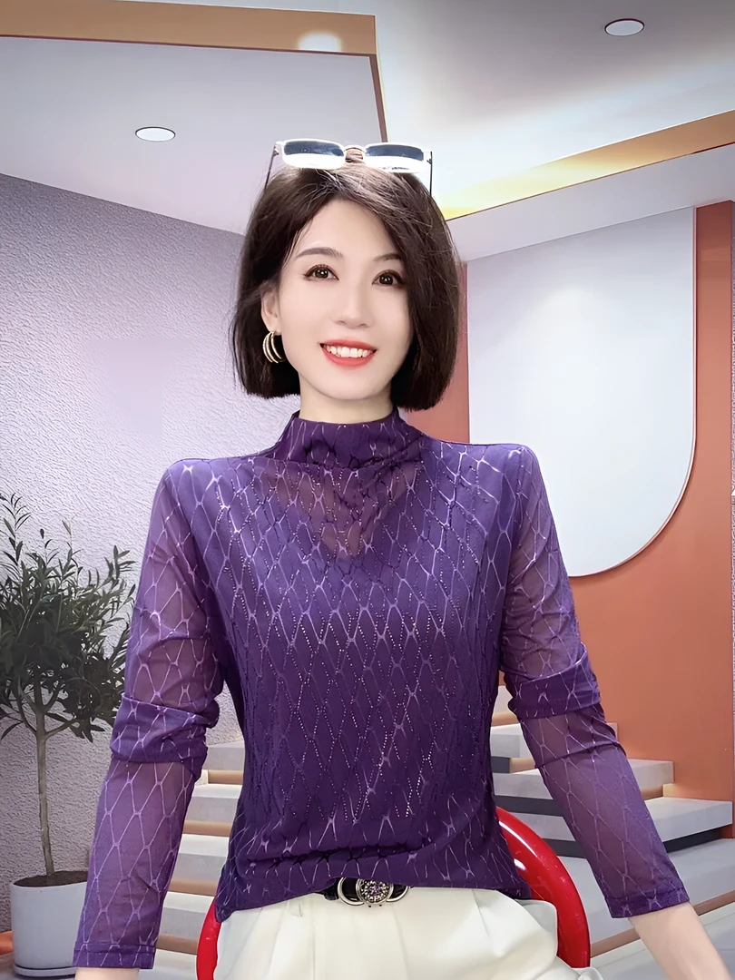 半高领蕾丝打底衫女士春秋新款时髦洋气紫色网纱小衫内搭显瘦上衣