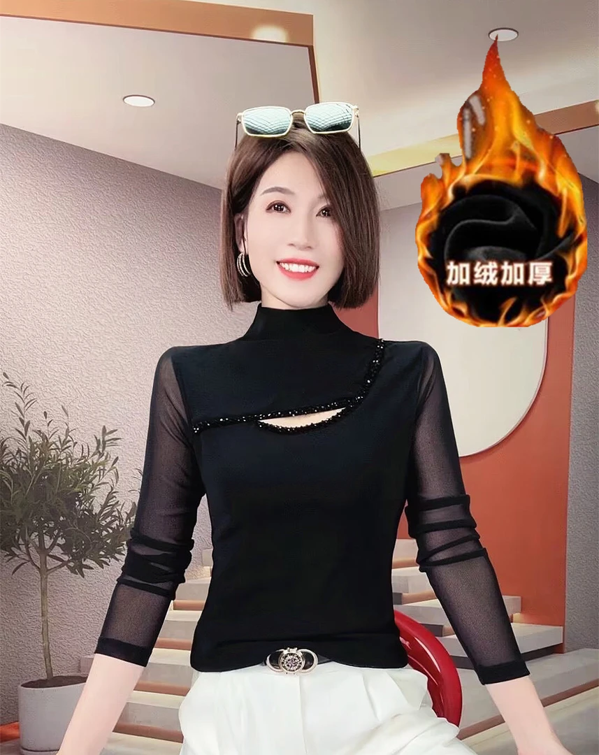 高领加绒打底衫女内搭秋冬欧货时尚钉珠网纱上衣修身显瘦长袖T恤
