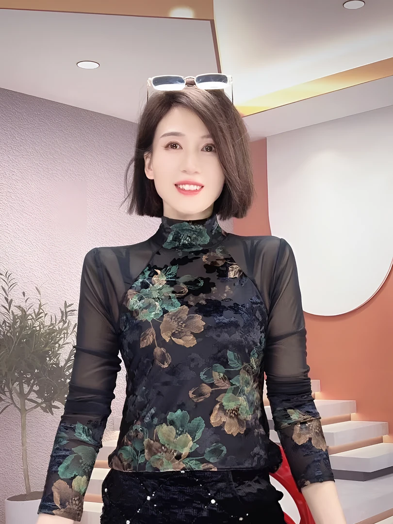 复古印花半透高领打底衫女春秋季2025新款高级感修身长袖T恤上衣