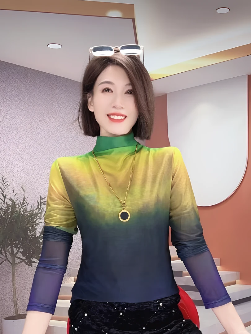 高领打底衫女秋冬欧货扎染网纱长袖T恤内搭上衣修身显瘦洋气小衫