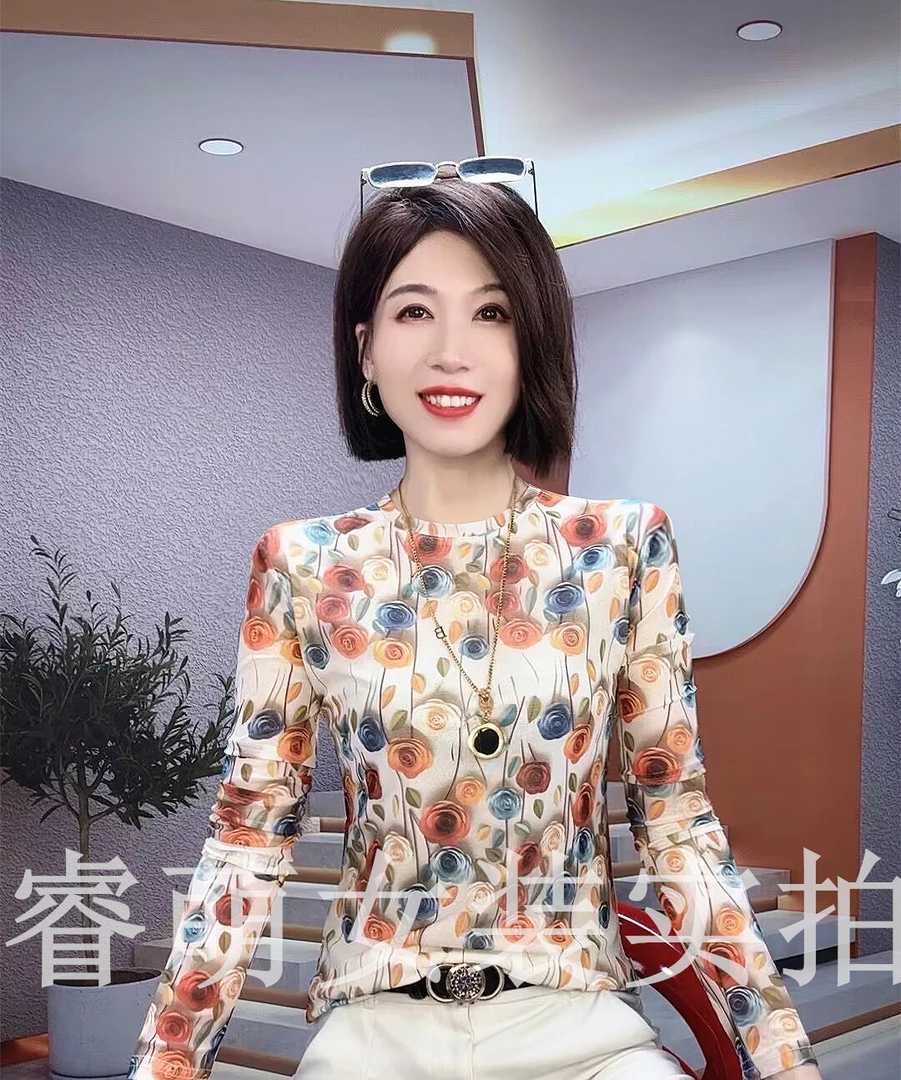 长袖圆领网纱时尚潮流百搭精品女装2024秋冬新款上衣打底衫上衣潮