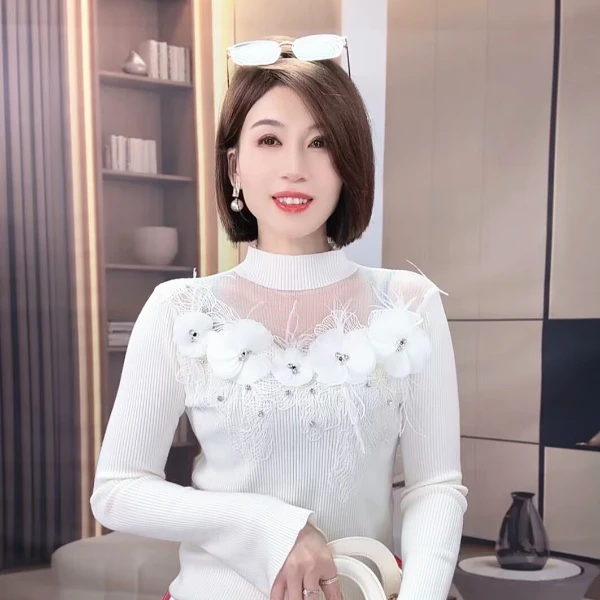 立体花朵钉珠高品质洋气网纱拼接重工串珠针织衫女士套头长袖上衣