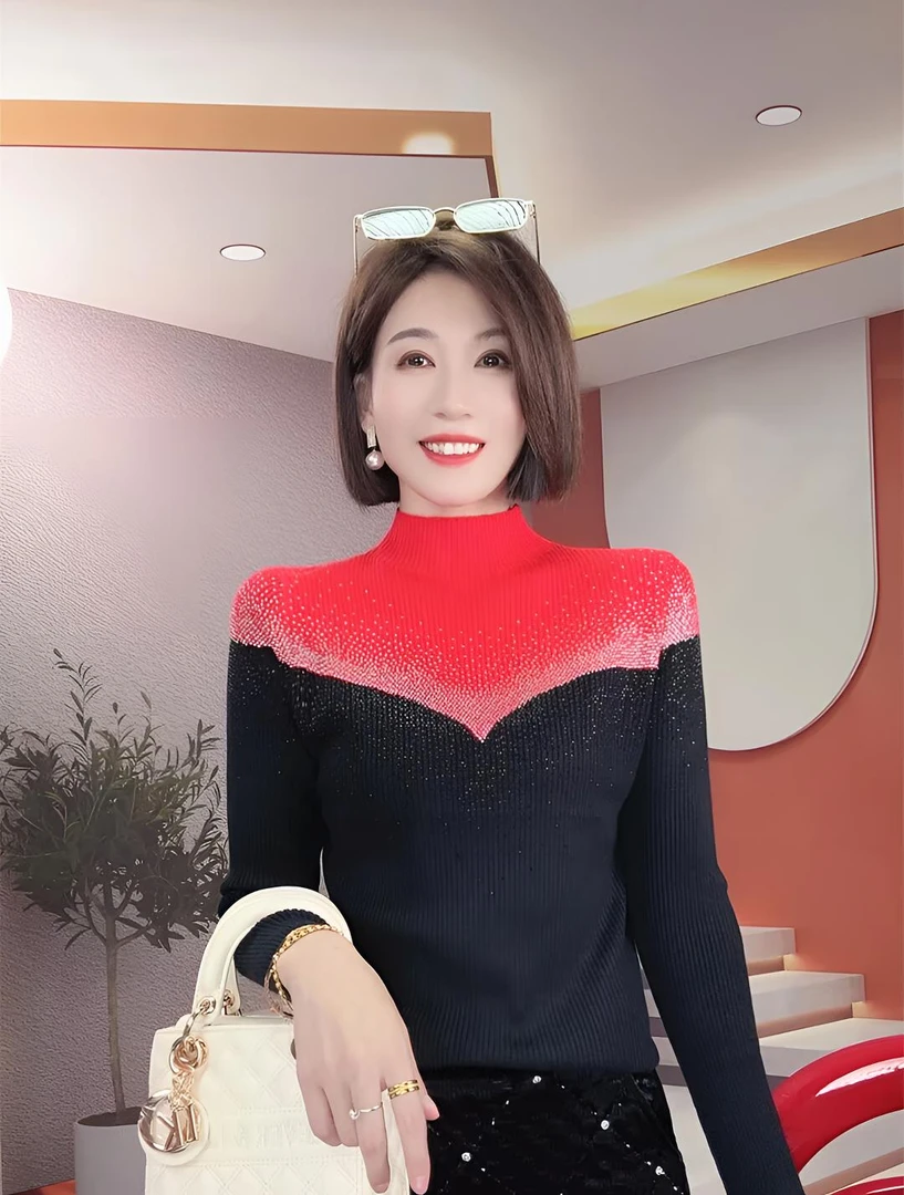 半高领毛衣女士秋冬新款洋气内搭烫钻长袖针织衫修身显瘦打底上衣