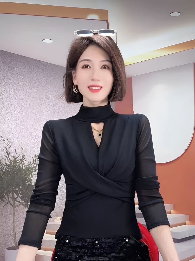 2025春秋中领网纱打底衫女修身内搭镂空性感女人味简约舞服上衣潮